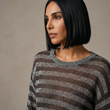 Pull tricoté femme Stevie | Motif rayé transparent, encolure en V