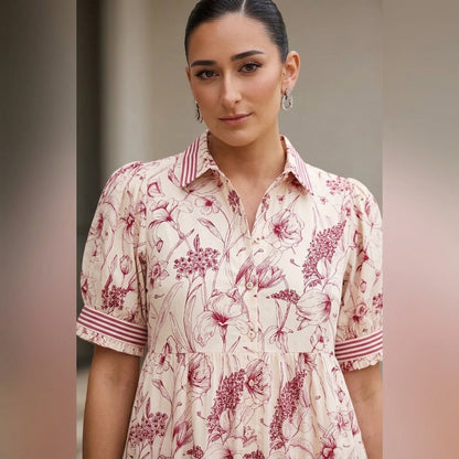 Robe midi femme Ulani | Imprimé floral botanique, détail poignets rayés