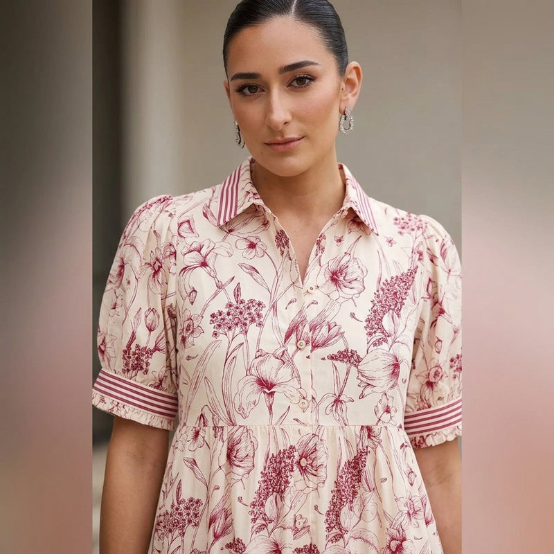 Robe midi femme Ulani | Imprimé floral botanique, détail poignets rayés