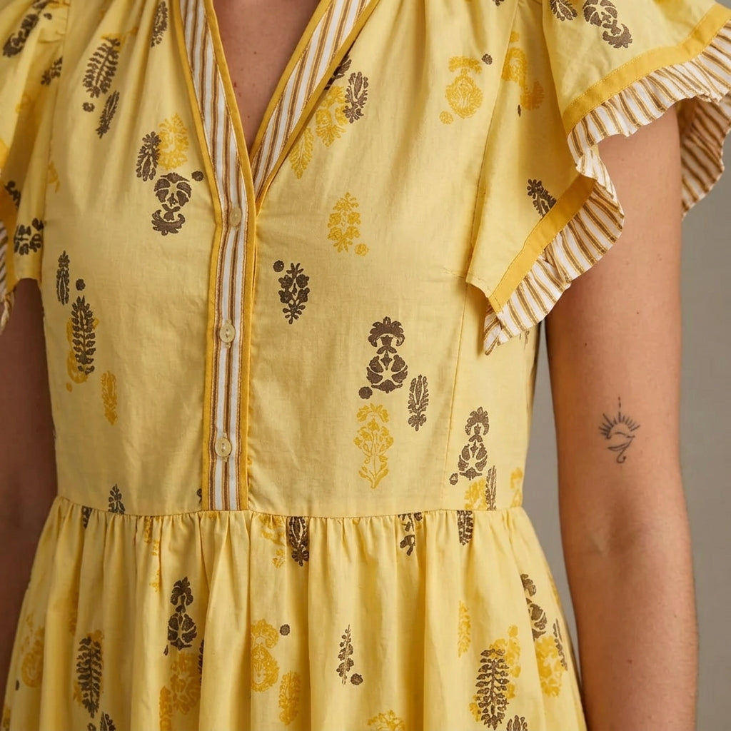 Robe midi femme Uma | Imprimé botanique en blocs, manches à volants rayés