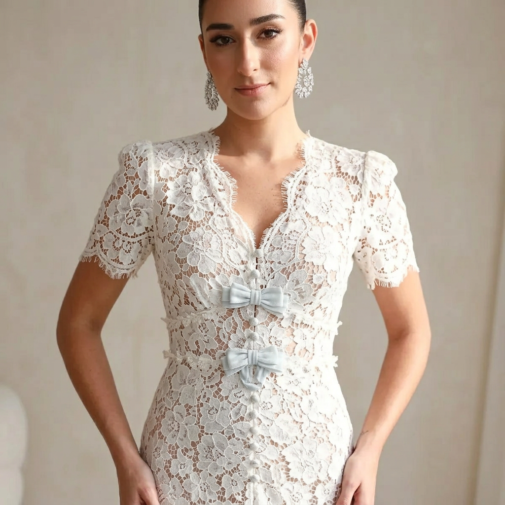 Vestido midi para mujer Bella | Elegante encaje con bordado de perlas, formal