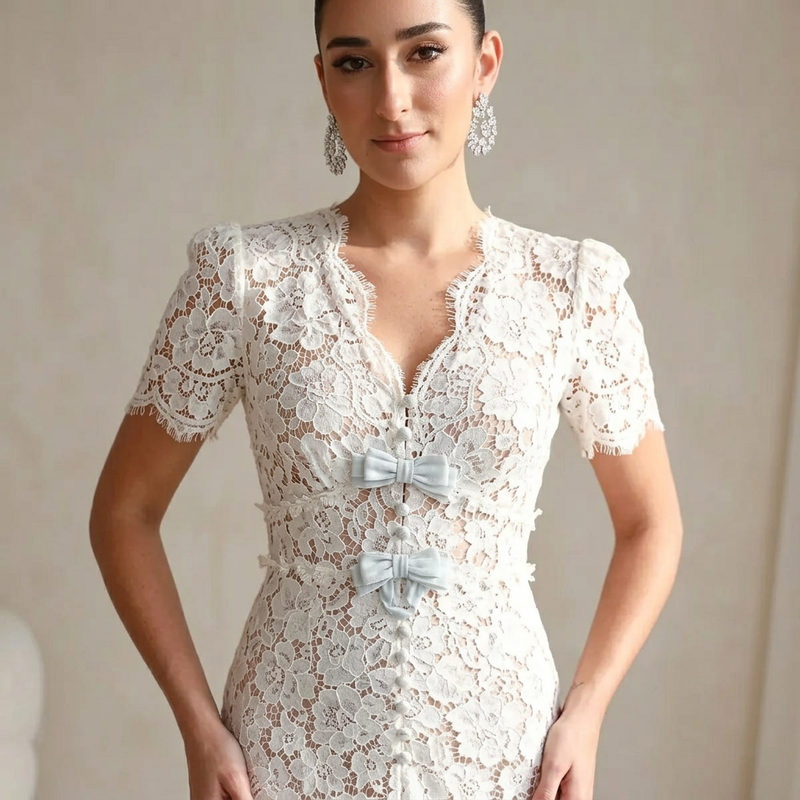 Vestido midi para mujer Bella | Elegante encaje con bordado de perlas, formal