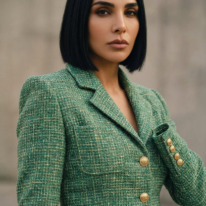 Fleur Women's Skirt Suit Set | Green Tweed Fabric, Gold Button Detail