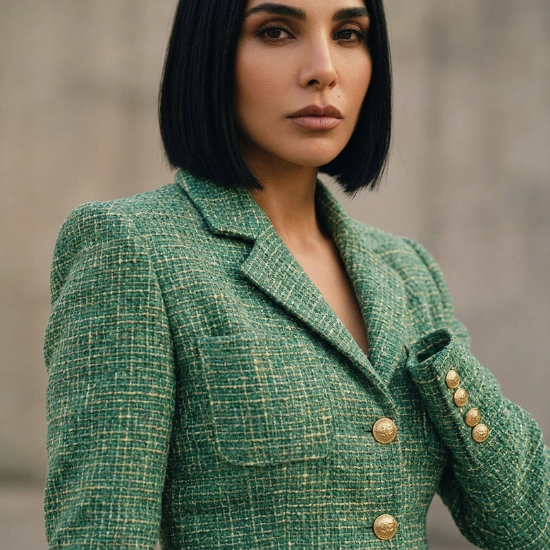 Fleur Women's Skirt Suit Set | Green Tweed Fabric, Gold Button Detail