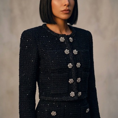 Conjunto de dos piezas para mujer Lena | Tela de tweed texturizada, botones adornados con joyas