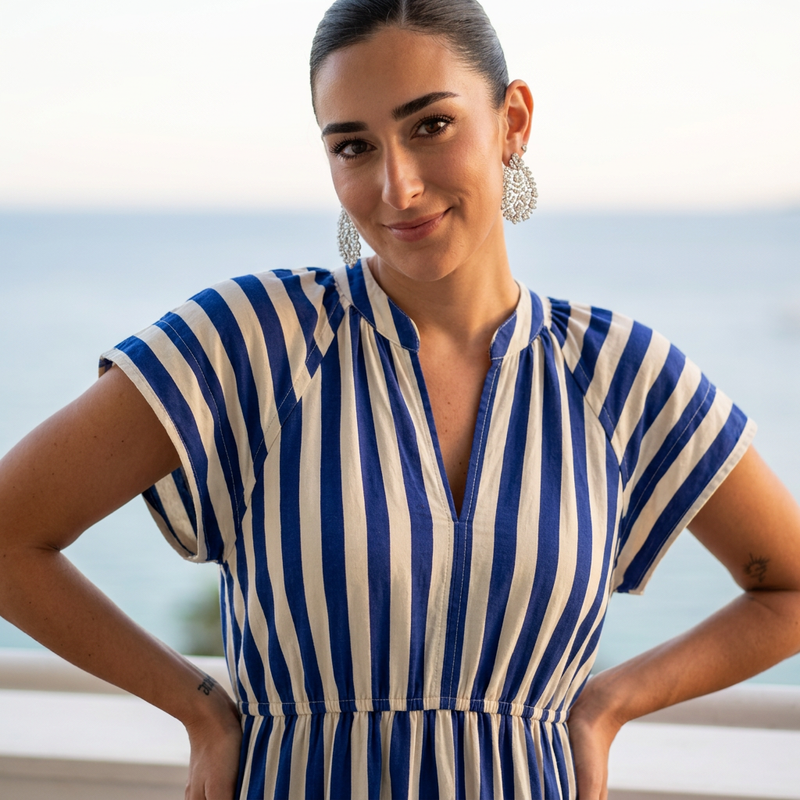 Robe Midi Femme Ursa | Boutons Rayés sur le Devant, Détail à Volants