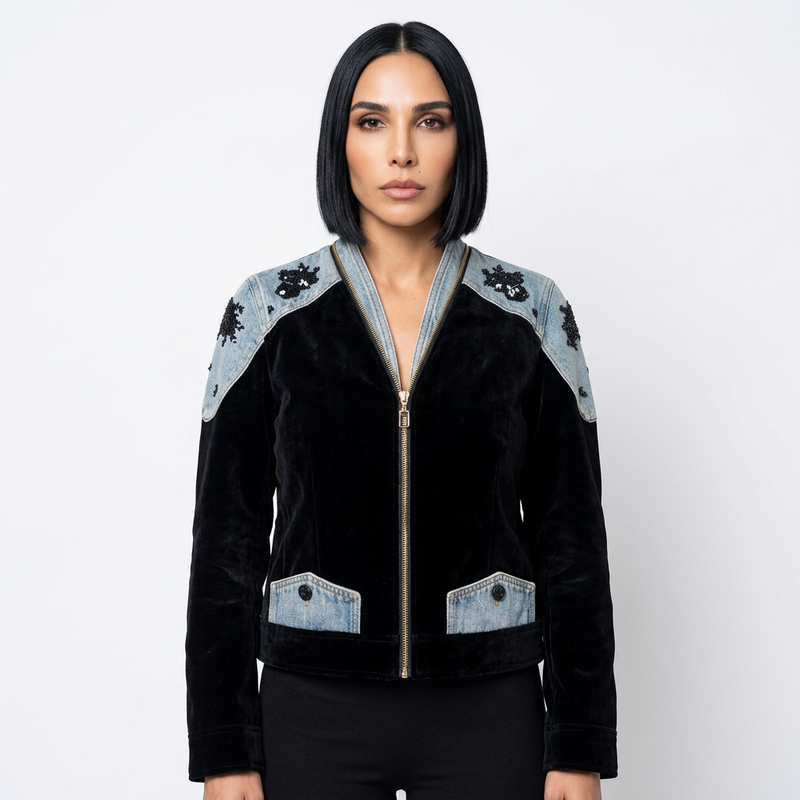 Chaqueta Bomber para Mujer Delara | Patchwork de Terciopelo y Mezclilla, Hombros con Bordado de Cuentas
