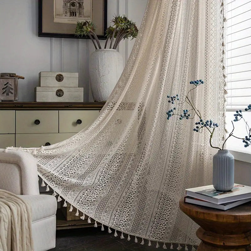 Chic Bohemian Crochet Curtain | Semi-Sheer, Tassel Trim