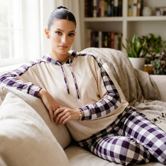 Ensemble détente femme Amara | Haut à capuche avec cordon, pantalon à carreaux