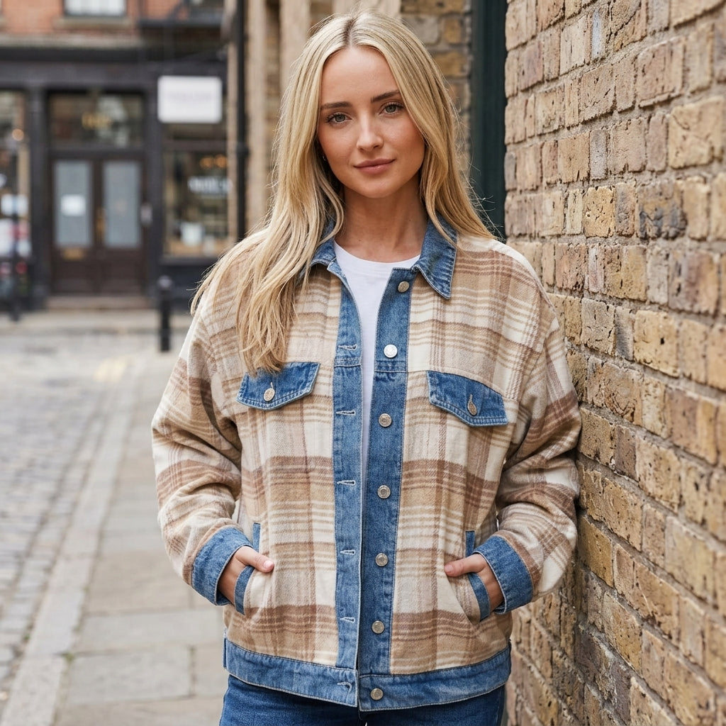 Shacket pour Femme Aspen | Corps en Tissu à Carreaux Brossé, Bordure en Denim Décoloré