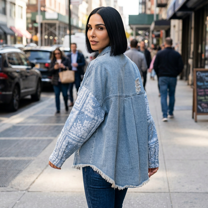 Veste en Denim Mixte pour Femme Aria | Manches Matelassées Paisley, Ourlet Brut