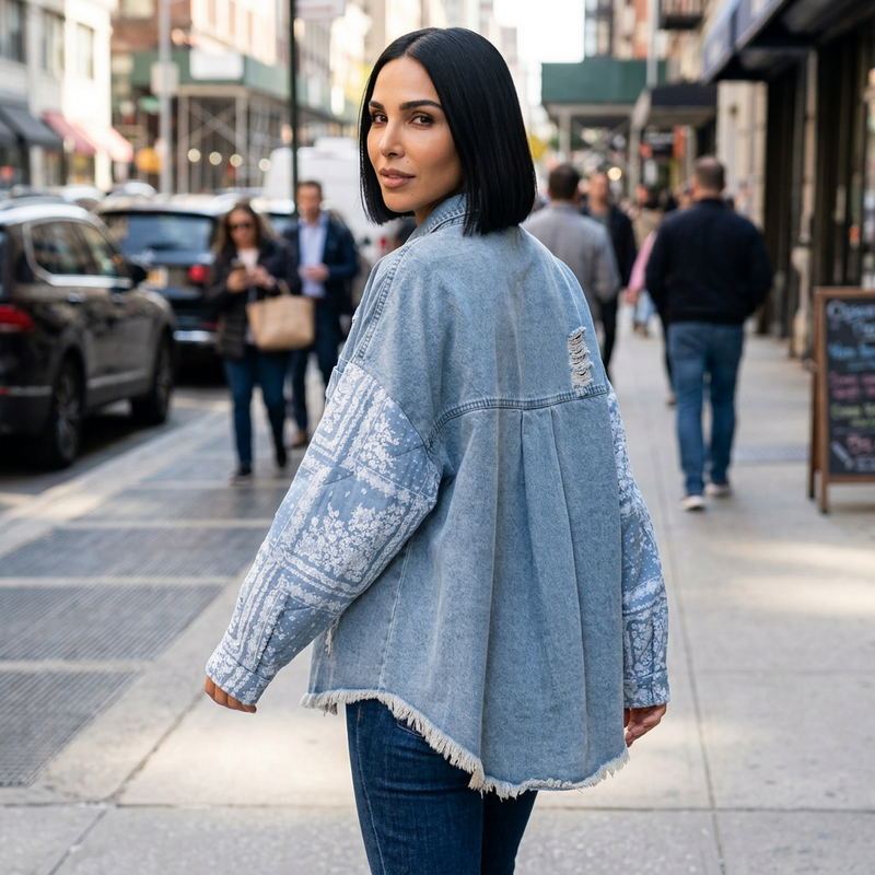 Veste en Denim Mixte pour Femme Aria | Manches Matelassées Paisley, Ourlet Brut