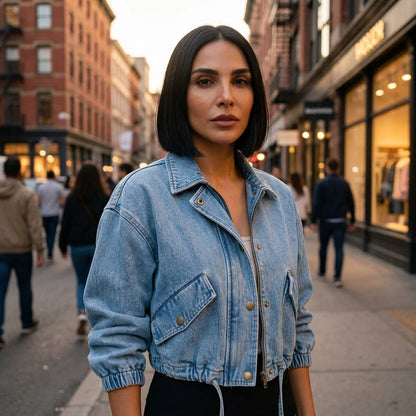 Veste en Denim Courte pour Femme Ava | Taille à Cordon, Fermeture Éclair sur le Devant