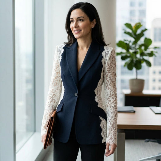 Blazer Femme Daisy | Patchwork en Dentelle à Revers, Coupe Ajustée