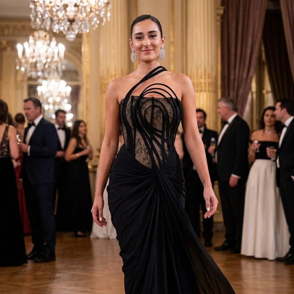 Vestido de noche para mujer Aria | Cuerpo de corsé de encaje transparente, falda con cola drapeada