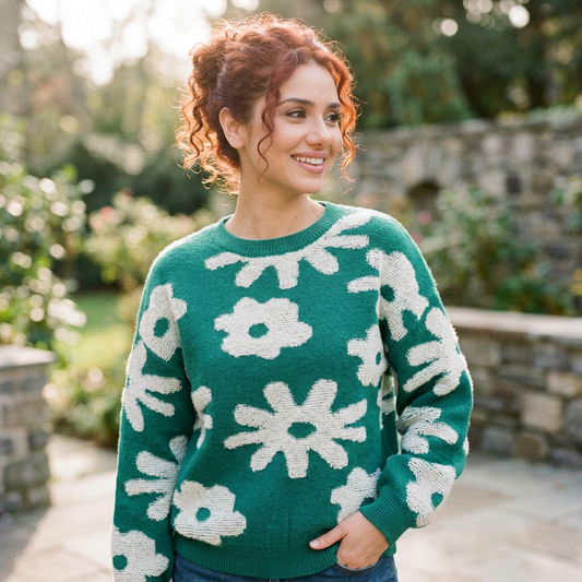 Top de suéter para mujer Maya | Patrón floral audaz, tejido acogedor