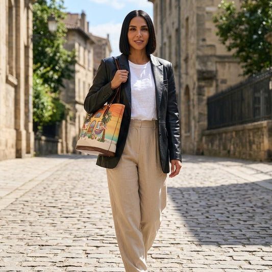 Bolso tote para mujer Nassau | Estampado de casa de playa tropical, Mangos de cuero marrón