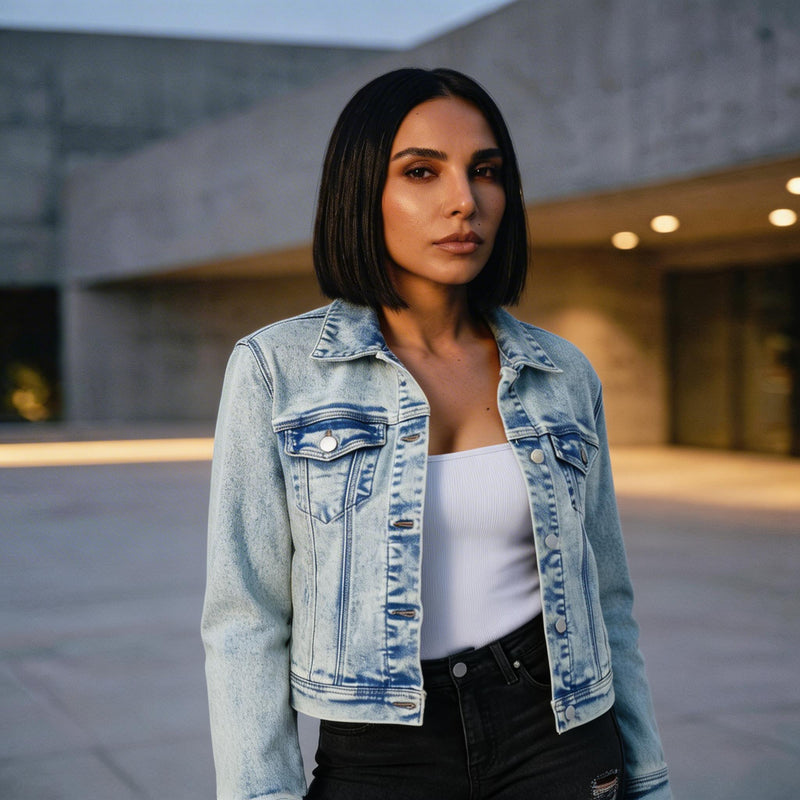 Veste en Denim pour Femme Rebel | Finition Décolorée Acide, Boutons Argentés sur le Devant