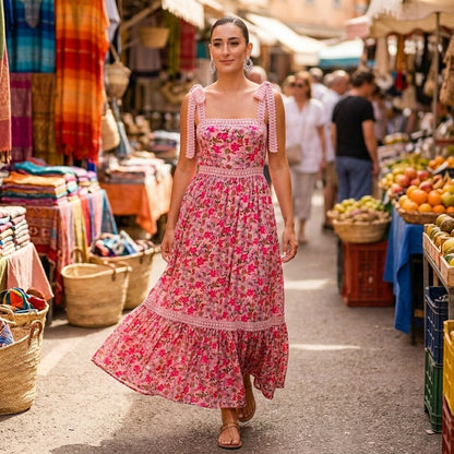 Robe Maxi Femme Sage | Imprimé floral rose, Bretelles en dentelle crochet