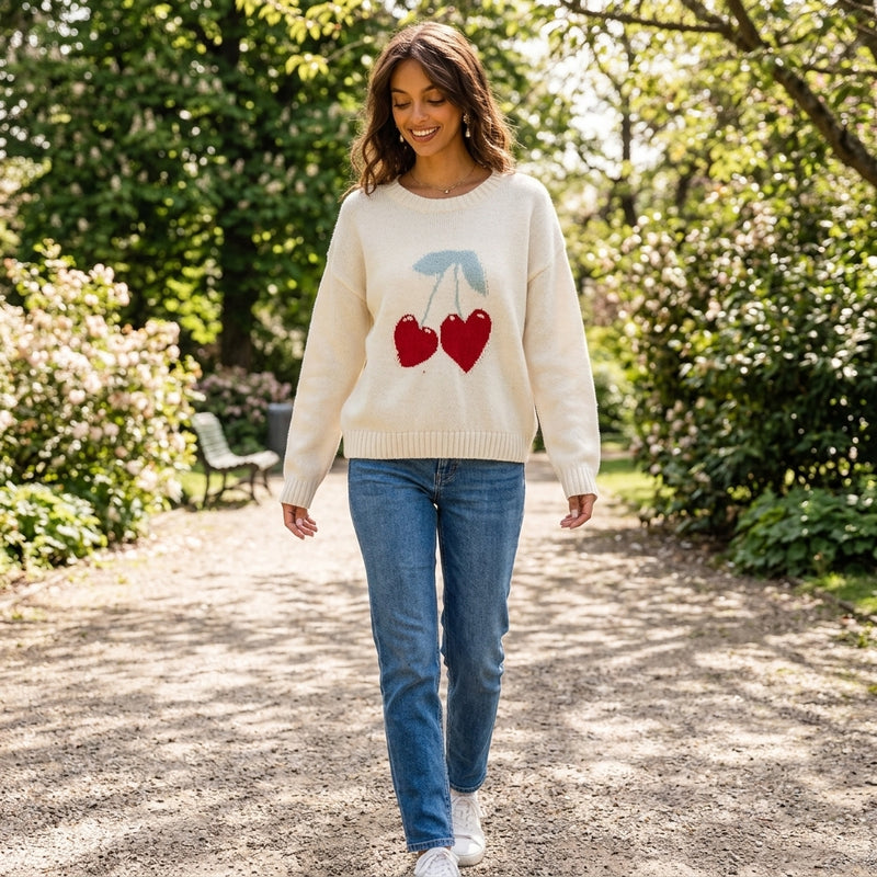 Pull Tricoté Femme Sweetheart | Motif Intarsia Cœur Cerise, Poignets Côtelés