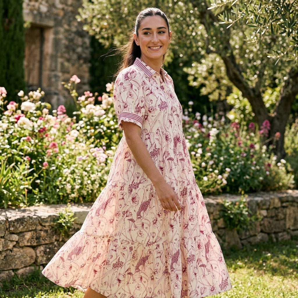 Robe midi femme Ulani | Imprimé floral botanique, détail poignets rayés