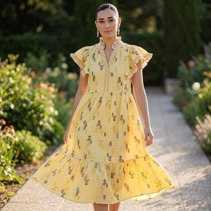 Robe midi femme Uma | Imprimé botanique en blocs, manches à volants rayés