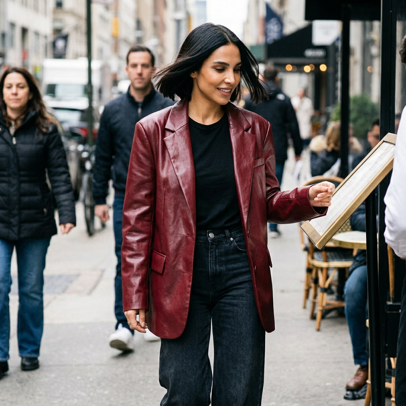 Veste pour femme Elysia | Cuir PU rouge foncé, style décontracté