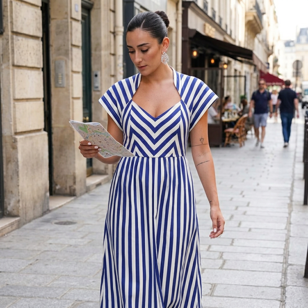 Robe Midi Femme Ursa | Boutons Rayés sur le Devant, Détail à Volants