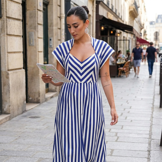 Robe Midi Femme Ursa | Boutons Rayés sur le Devant, Détail à Volants