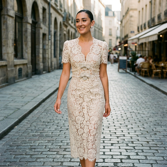 Robe midi pour femmes Bella | Dentelle élégante avec broderie de perles, formelle