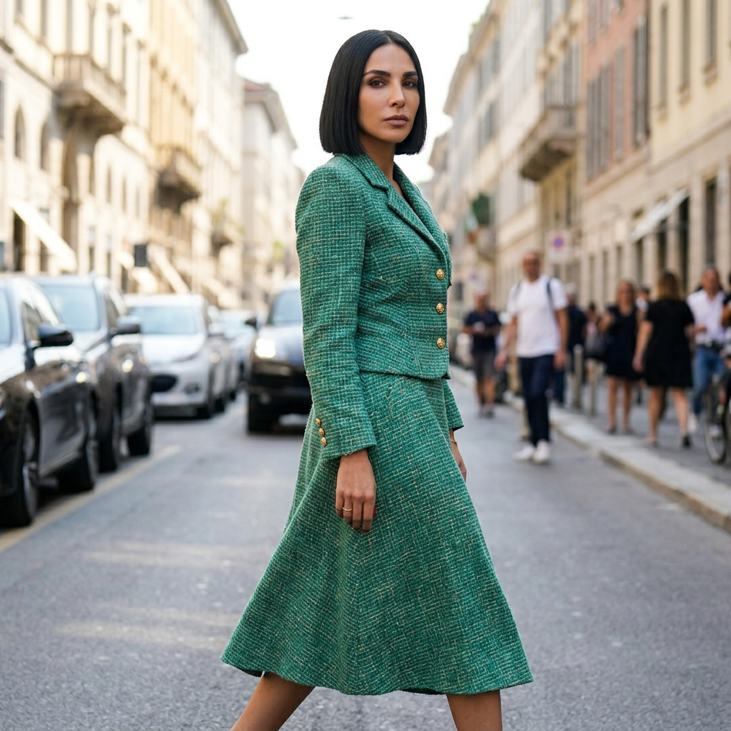 Fleur Women's Skirt Suit Set | Green Tweed Fabric, Gold Button Detail