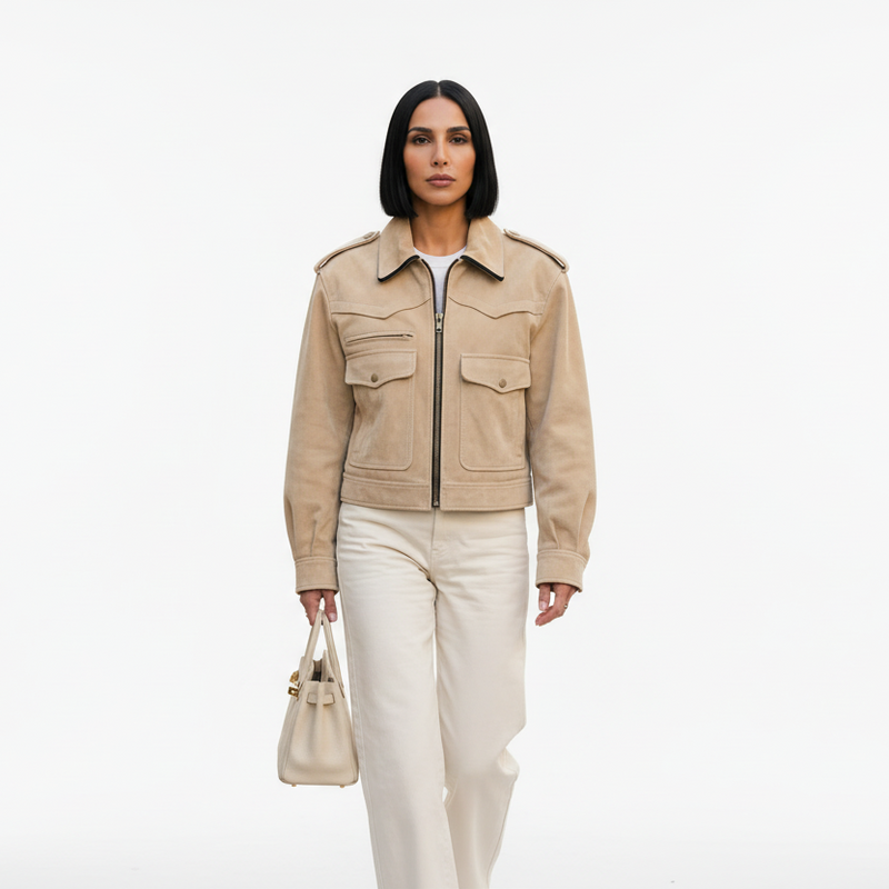 Veste courte pour femme Bella | Suède beige doux, coupe slim avec poches