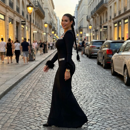 Vestido maxi para mujer Nina | Elegante diseño de plumas, vestimenta formal