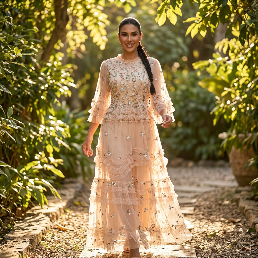 Robe midi pour femmes Rina | Volants brodés floraux, cocktail d'été élégant