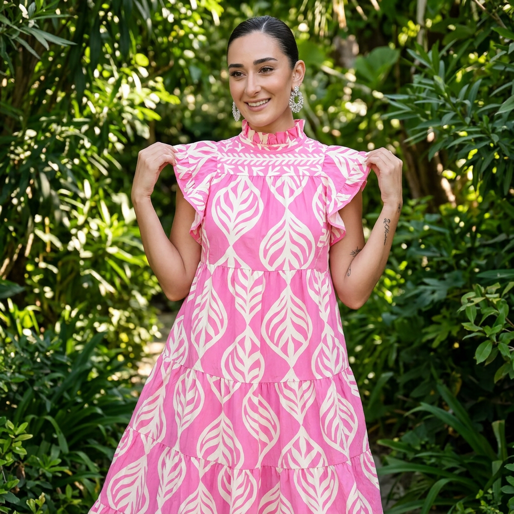 Robe Maxi Femme Uma | Imprimé Feuilles à Étages, Mélange de Rayonne