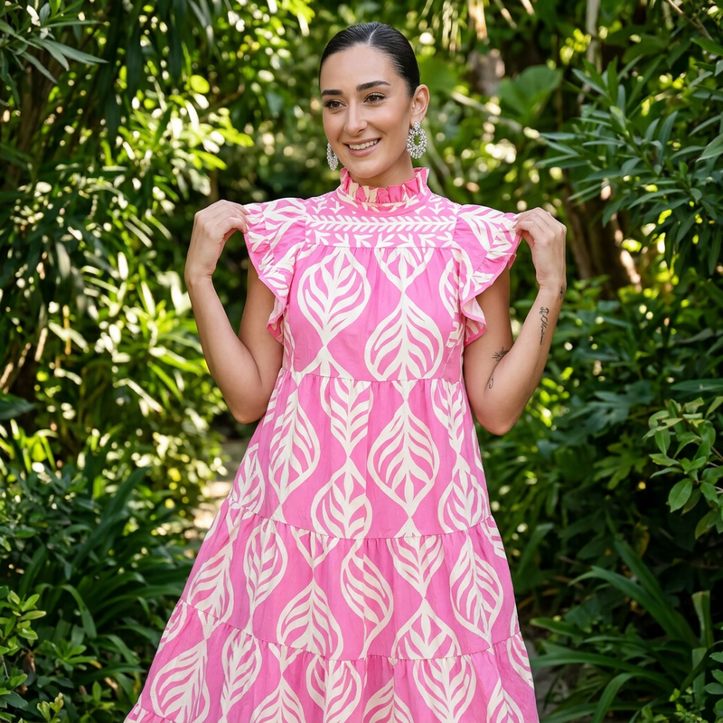 Robe Maxi Femme Uma | Imprimé Feuilles à Étages, Mélange de Rayonne