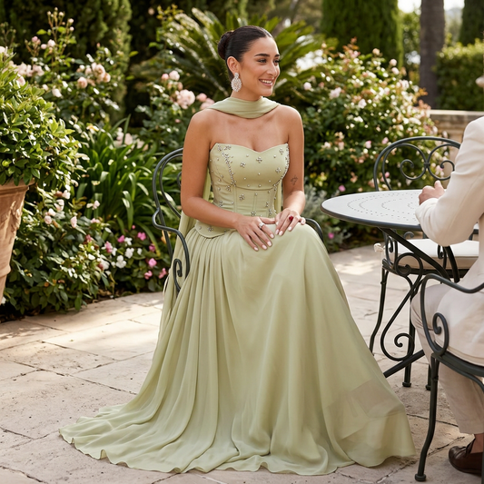 Robe de soirée pour femmes Celeste | Corset orné de cristaux, jupe cape fluide