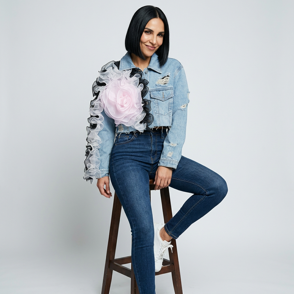 Chaqueta de Mezclilla Cortada para Mujer Dalia | Apliqué de Rosa en Organza 3D, Dobladillo Desgastado