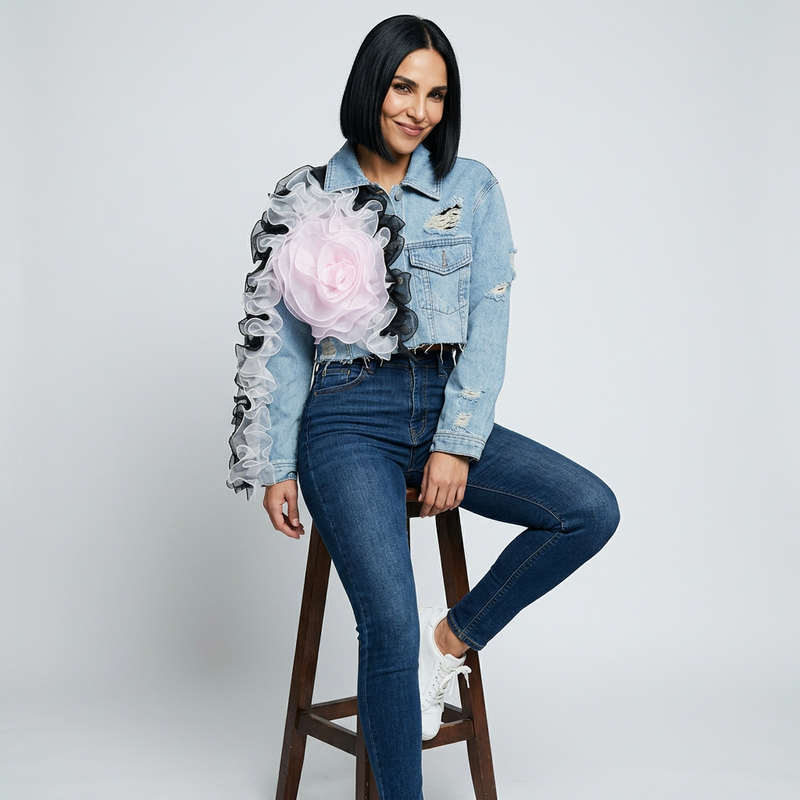 Chaqueta de Mezclilla Cortada para Mujer Dalia | Apliqué de Rosa en Organza 3D, Dobladillo Desgastado