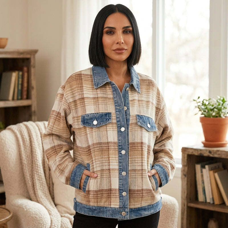 Shacket pour Femme Aspen | Corps en Tissu à Carreaux Brossé, Bordure en Denim Décoloré