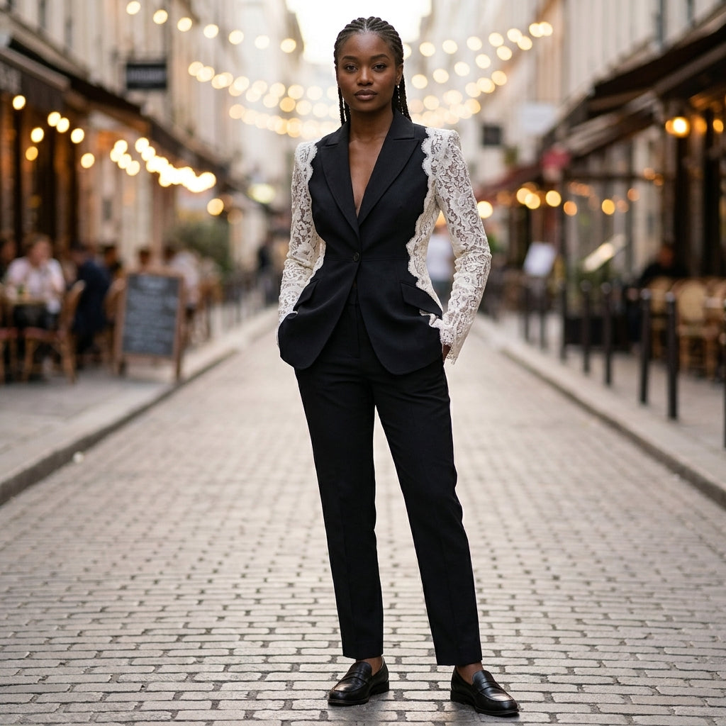 Blazer Femme Daisy | Patchwork en Dentelle à Revers, Coupe Ajustée