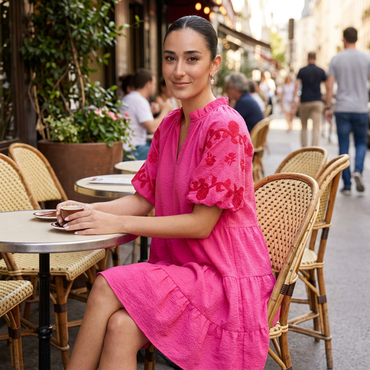 Robe Mini Femme Elora | Manches Bouffantes à Étages Brodées, Romantique