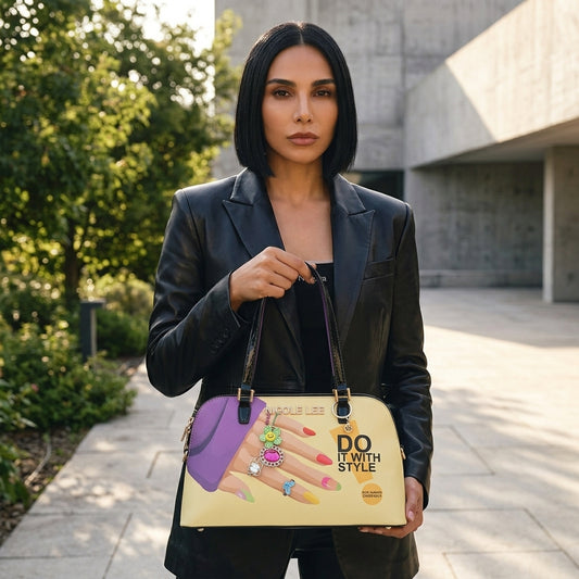 Bolso de hombro tipo dome para mujer Nova | Estampado gráfico amarillo, Mangos de charol negro