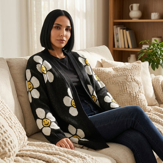 Cardigan long femme Petal | Motif tricot marguerite sourire, boutonné devant