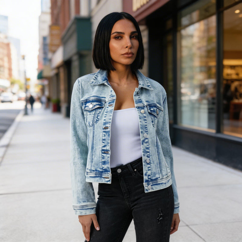 Veste en Denim pour Femme Rebel | Finition Décolorée Acide, Boutons Argentés sur le Devant