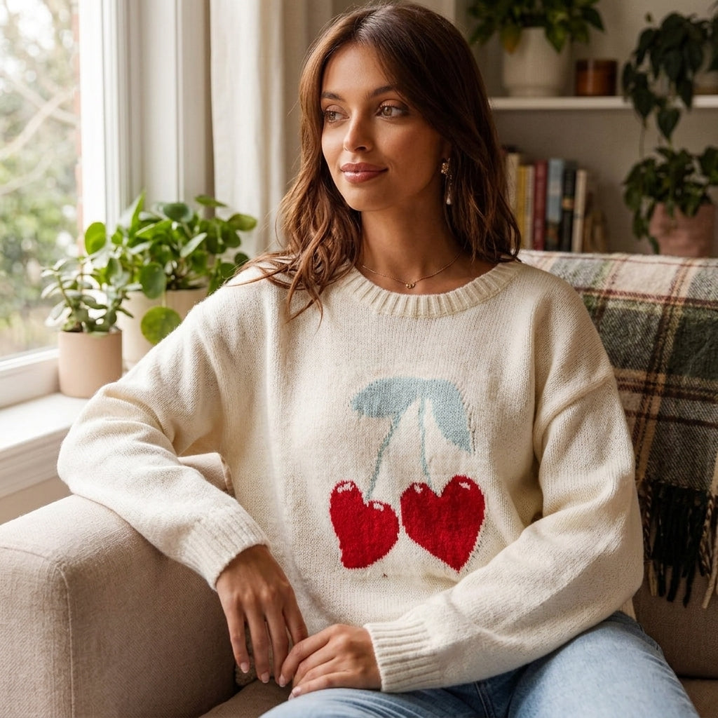 Pull Tricoté Femme Sweetheart | Motif Intarsia Cœur Cerise, Poignets Côtelés
