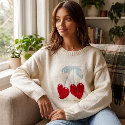Pull Tricoté Femme Sweetheart | Motif Intarsia Cœur Cerise, Poignets Côtelés