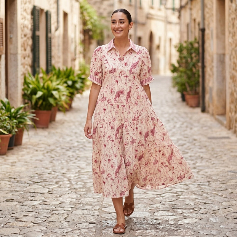 Robe midi femme Ulani | Imprimé floral botanique, détail poignets rayés