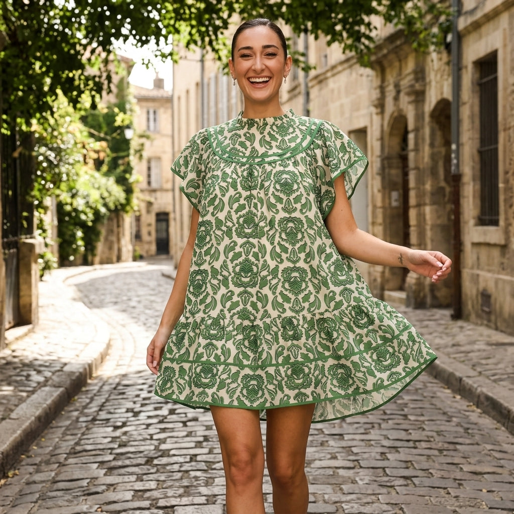 Robe babydoll mini femme Uliana | Imprimé damassé vert, ourlet à volants à étages