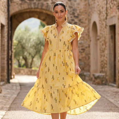 Robe midi femme Uma | Imprimé botanique en blocs, manches à volants rayés